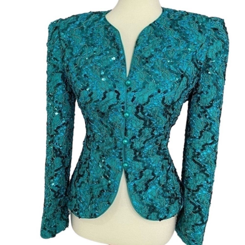 VTG Nah Nah Collection Lace Emerald Sequins Women Blazer Sz 12 Made In USA
